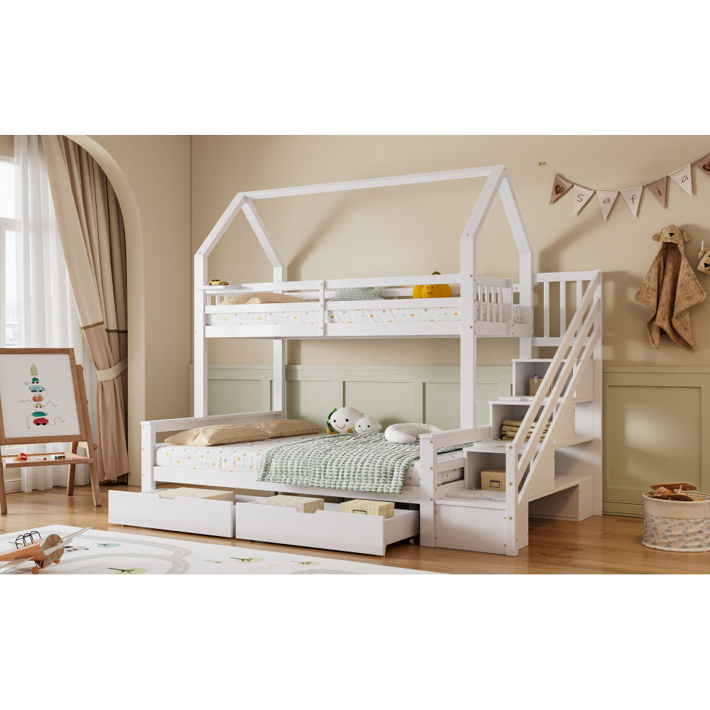 Etagenbett mit Leiter, Hausbett, Kinderbett, Drei-Schläfer, mit Schubladen und einem Regal, mit Fallschutzgitter, Kieferbettrahmen mit MDF-Stauraum-Leiterschrank, Weiß, 90x200cm & 140x200cm