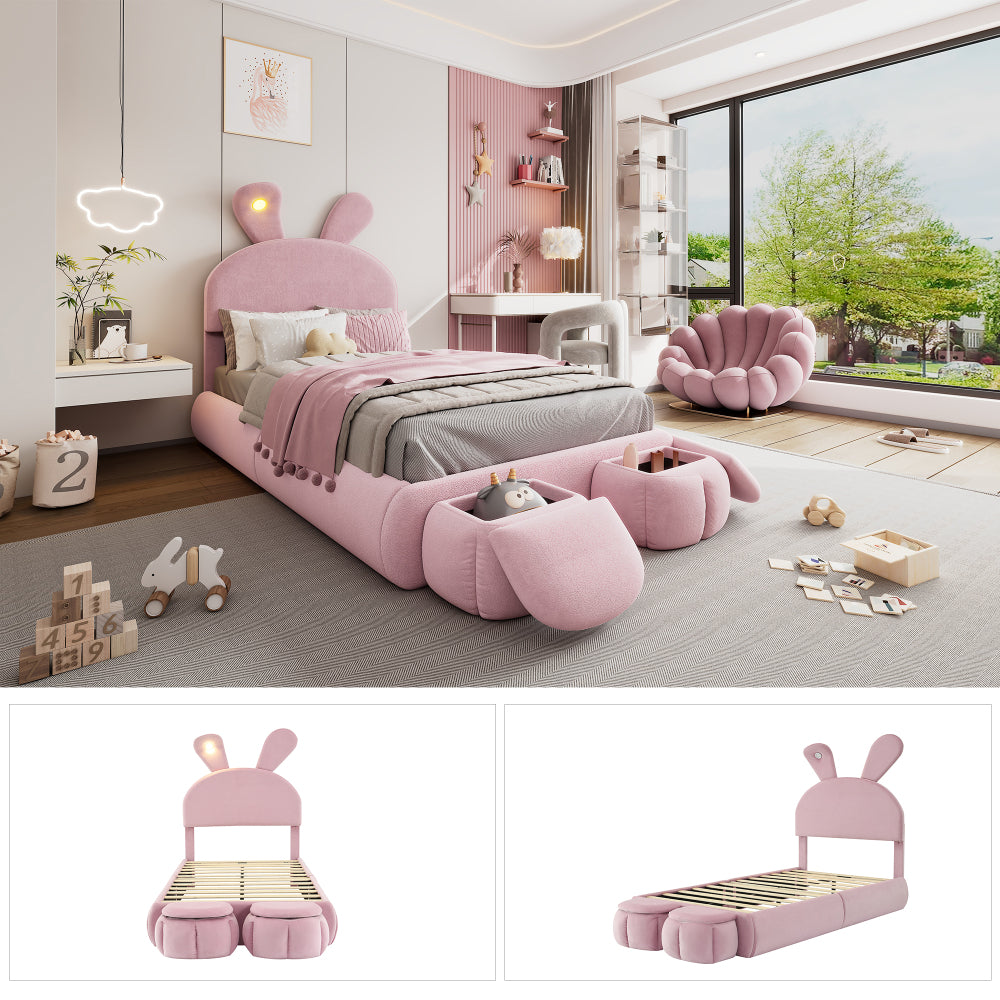 Polsterbett, Einzelbett, Hasenohren mit einstellbarer Helligkeit warmfarbenen Lichtstreifen, mit zwei Aufbewahrungshockern, Kinderbett mit Holzlatten, Samt, Rosa, 90x200cm