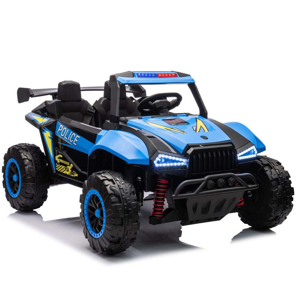 24V Two-seater Kids Ride On Electric Car W/Parents Control,Seat width 20.47in,2WD,Four-wheel suspension,The police car with a megaphone,Power display,Bluetooth,MP3,USB/TF,Music,LED Lights for Kids.