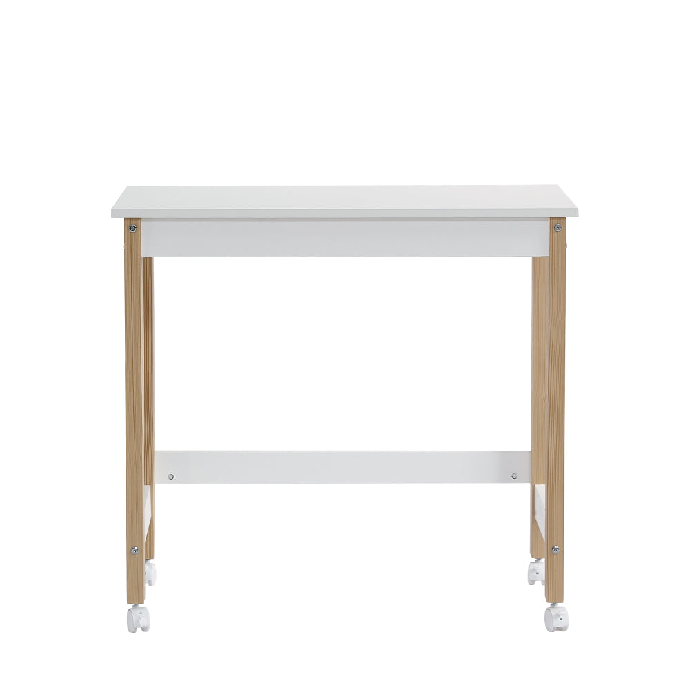 Tisch, Schreibtisch, Arbeitstisch, mit Richtungsrädern, Kiefer+MDF, Weiß+Natur