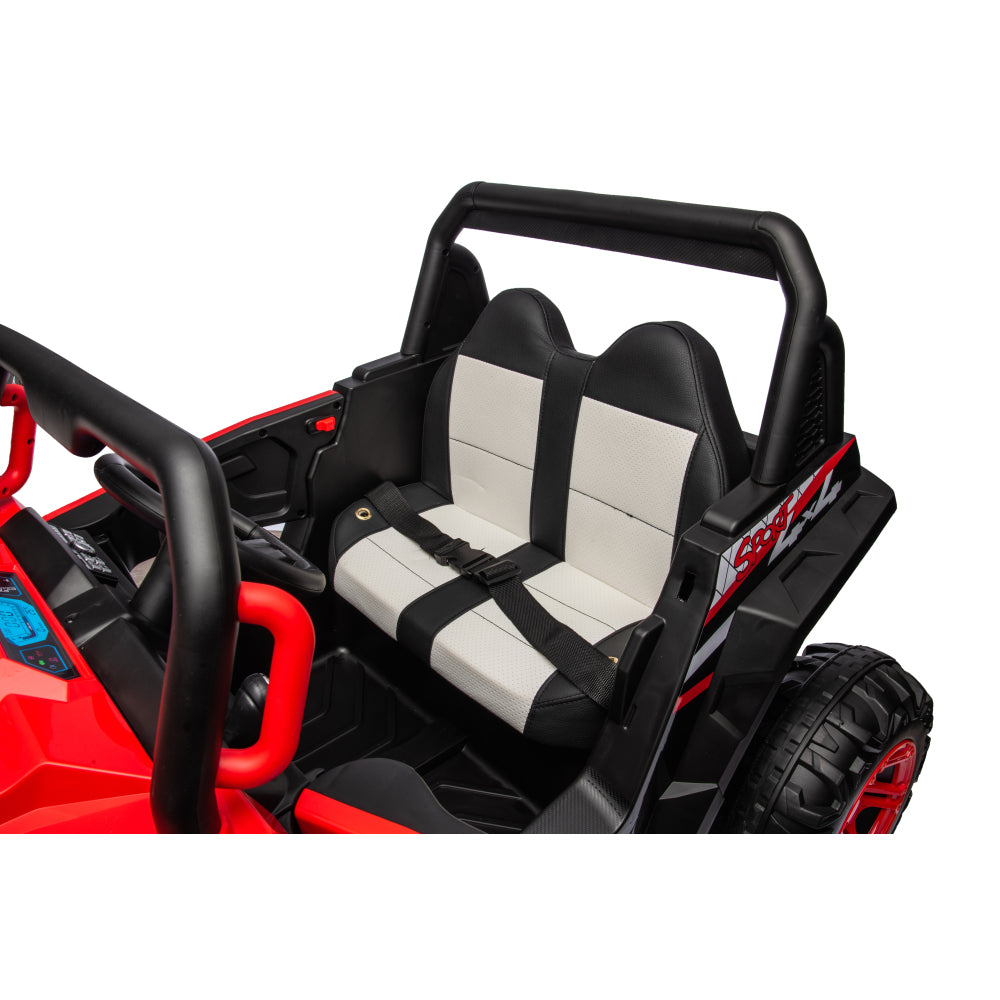 12v7a*2 30w*4 Four-wheel drive leather seat one button start,forward and backward, high and low speed, music, front light, power display, two doors can open, 2.4G R/C, seat belt four wheel absorber