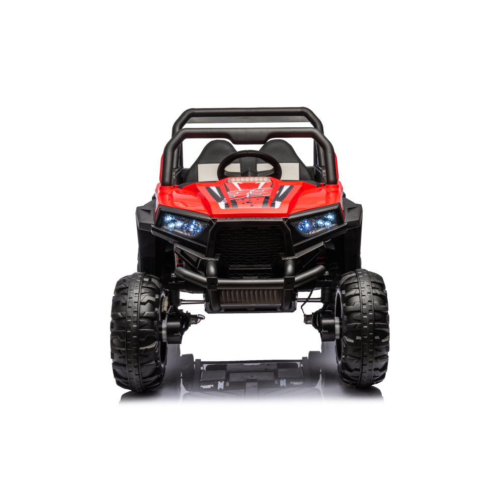 12v7a*2 30w*4 Four-wheel drive leather seat one button start,forward and backward, high and low speed, music, front light, power display, two doors can open, 2.4G R/C, seat belt four wheel absorber