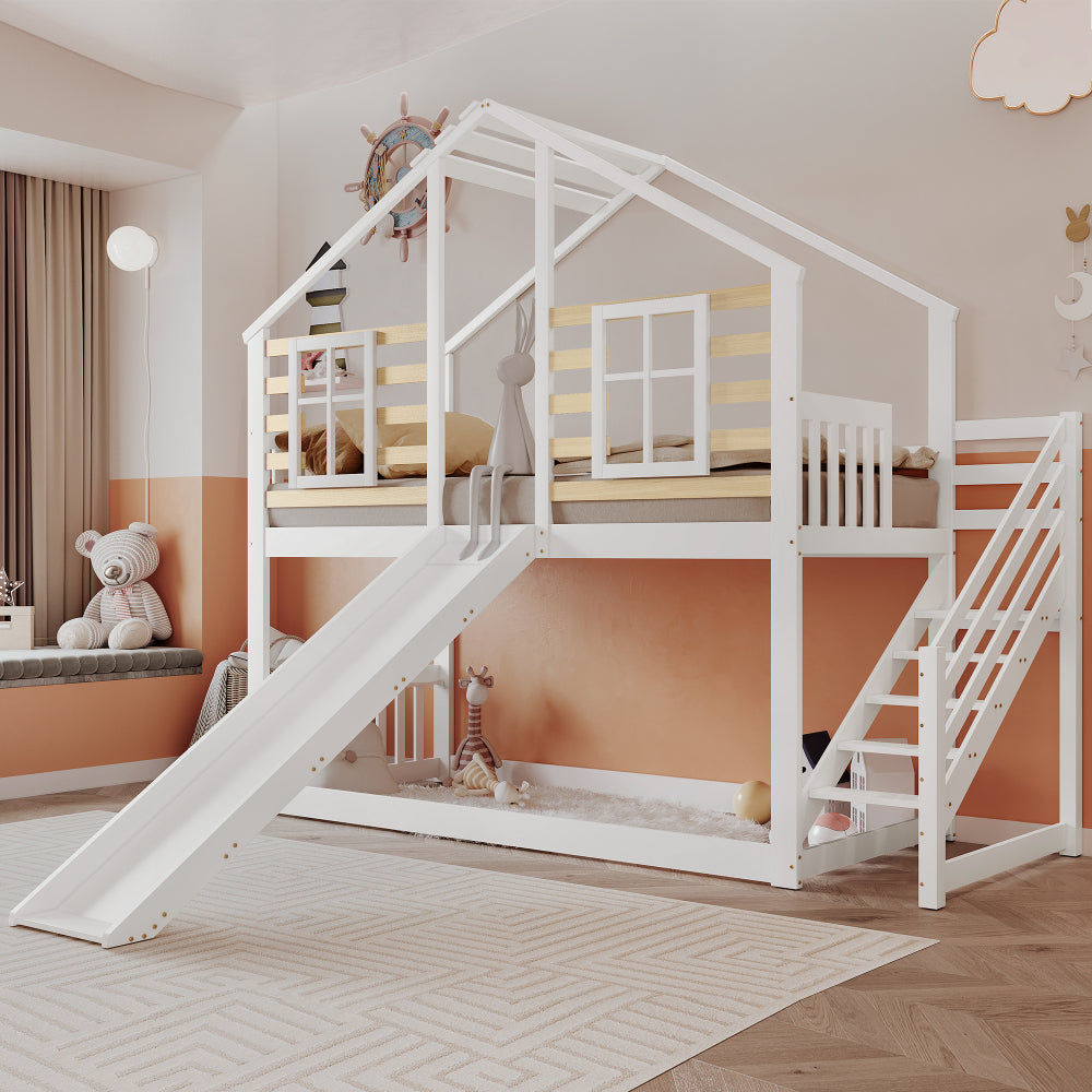 Etagenbett, Holzbett mit Treppe und Gitter, mit Rutsche und Fenster, Blockhaus Kinderbett mit Absturzsicherung, Bettrahmen aus Massivholz, Weiß(90x200 cm)