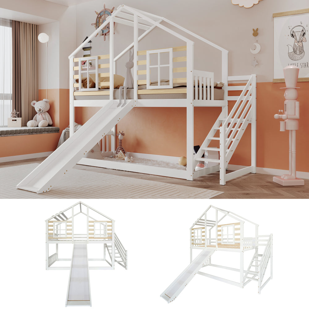 Etagenbett, Holzbett mit Treppe und Gitter, mit Rutsche und Fenster, Blockhaus Kinderbett mit Absturzsicherung, Bettrahmen aus Massivholz, Weiß(90x200 cm)