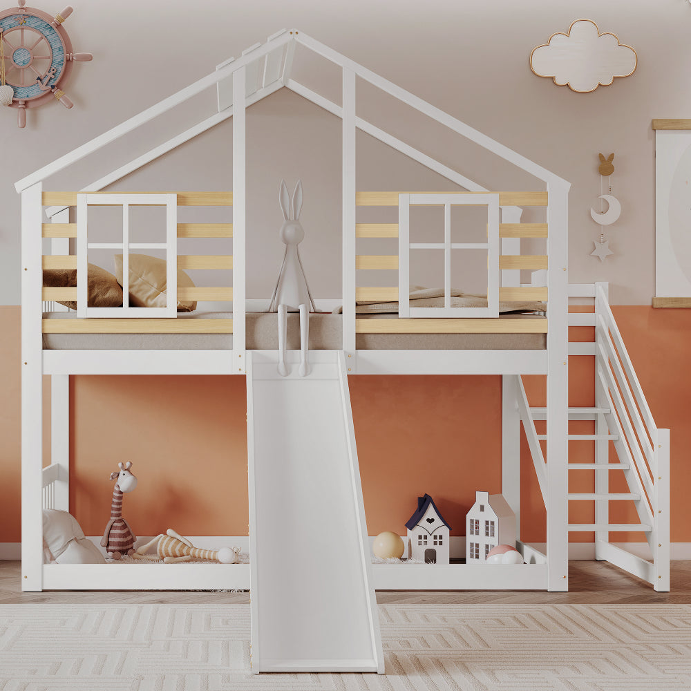 Etagenbett, Holzbett mit Treppe und Gitter, mit Rutsche und Fenster, Blockhaus Kinderbett mit Absturzsicherung, Bettrahmen aus Massivholz, Weiß(90x200 cm)