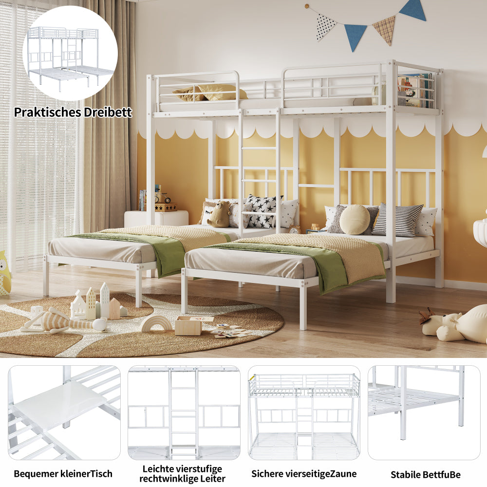 Dreierbett, Dreifaches Etagenbett mit Leiter für Kinder und Jugendliche, Eisenbett mit Fallschutzgitter und Tisch,weiß (90x200cm*3)