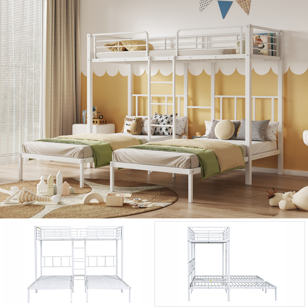 Dreierbett, Dreifaches Etagenbett mit Leiter für Kinder und Jugendliche, Eisenbett mit Fallschutzgitter und Tisch,weiß (90x200cm*3)