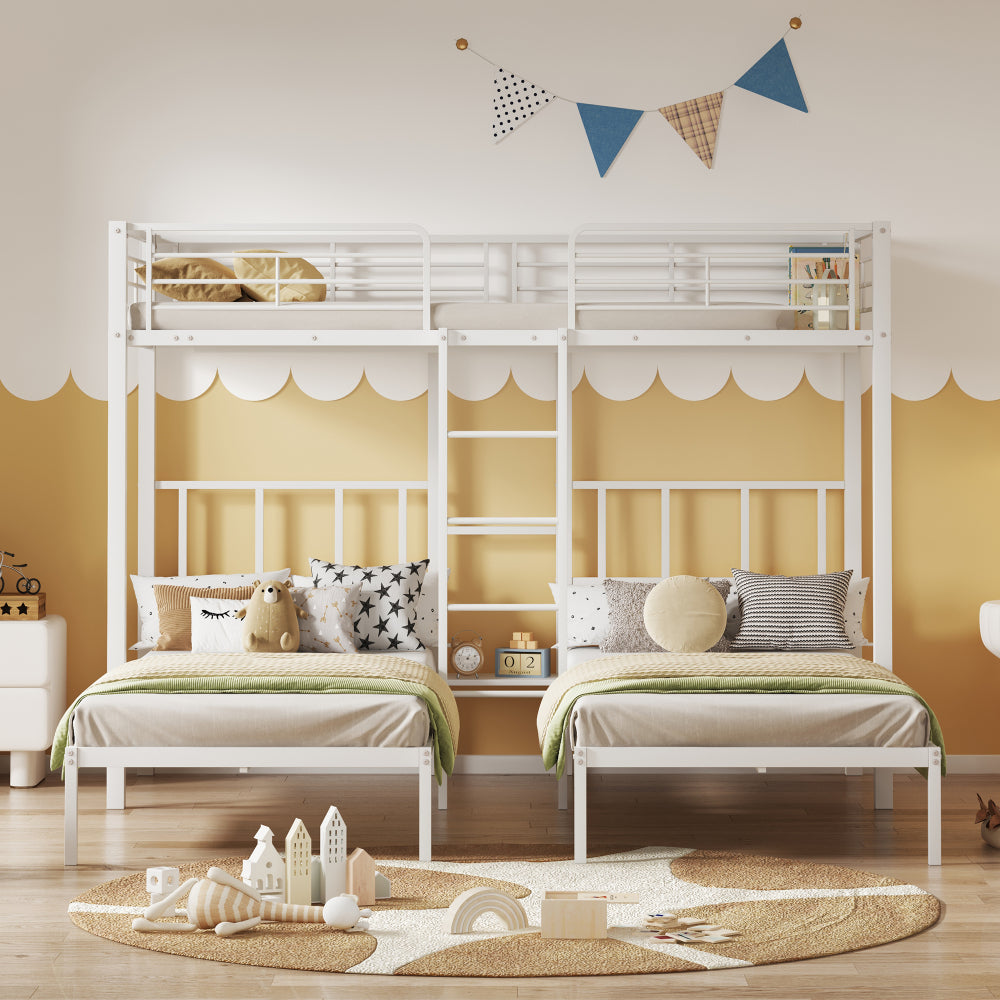 Dreierbett, Dreifaches Etagenbett mit Leiter für Kinder und Jugendliche, Eisenbett mit Fallschutzgitter und Tisch,weiß (90x200cm*3)