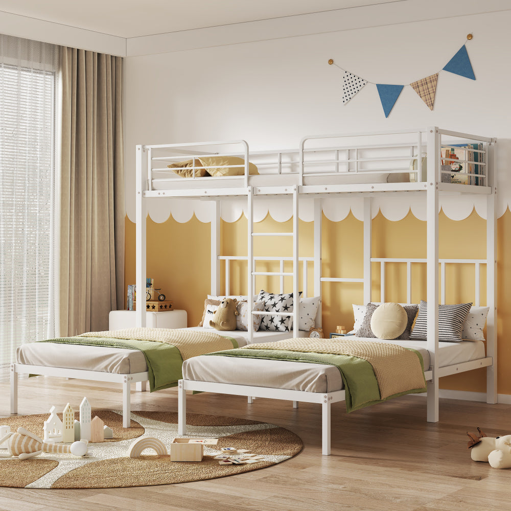 Dreierbett, Dreifaches Etagenbett mit Leiter für Kinder und Jugendliche, Eisenbett mit Fallschutzgitter und Tisch,weiß (90x200cm*3)