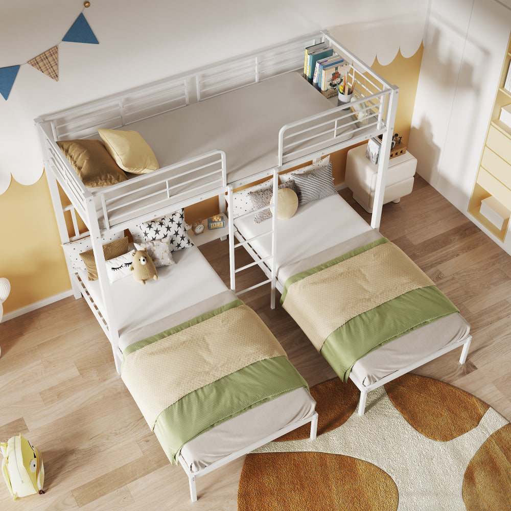 Dreierbett, Dreifaches Etagenbett mit Leiter für Kinder und Jugendliche, Eisenbett mit Fallschutzgitter und Tisch,weiß (90x200cm*3)