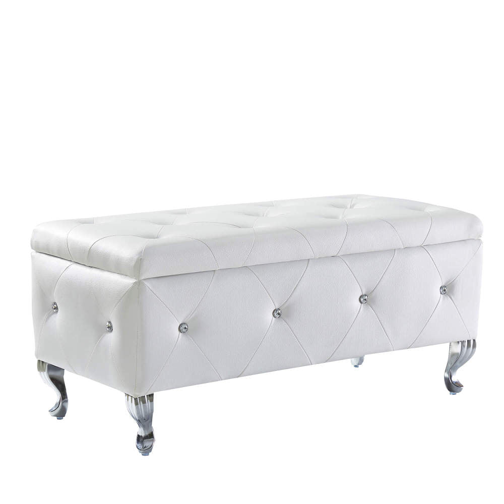 Upholstered Storage Ottoman Bench For Bedroom End Of Bed Faux Leather Rectangular Storage Benches Footrest With Crystal Buttons For Living Room Entryway (White)