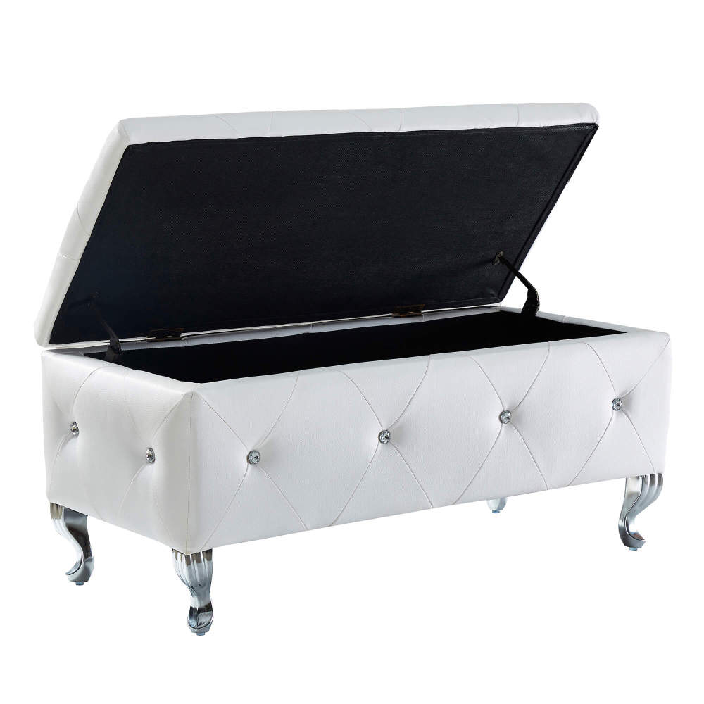 Upholstered Storage Ottoman Bench For Bedroom End Of Bed Faux Leather Rectangular Storage Benches Footrest With Crystal Buttons For Living Room Entryway (White)