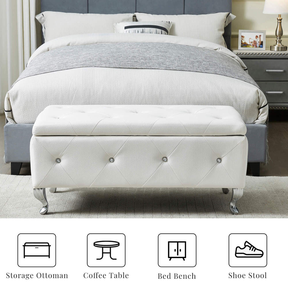 Upholstered Storage Ottoman Bench For Bedroom End Of Bed Faux Leather Rectangular Storage Benches Footrest With Crystal Buttons For Living Room Entryway (White)