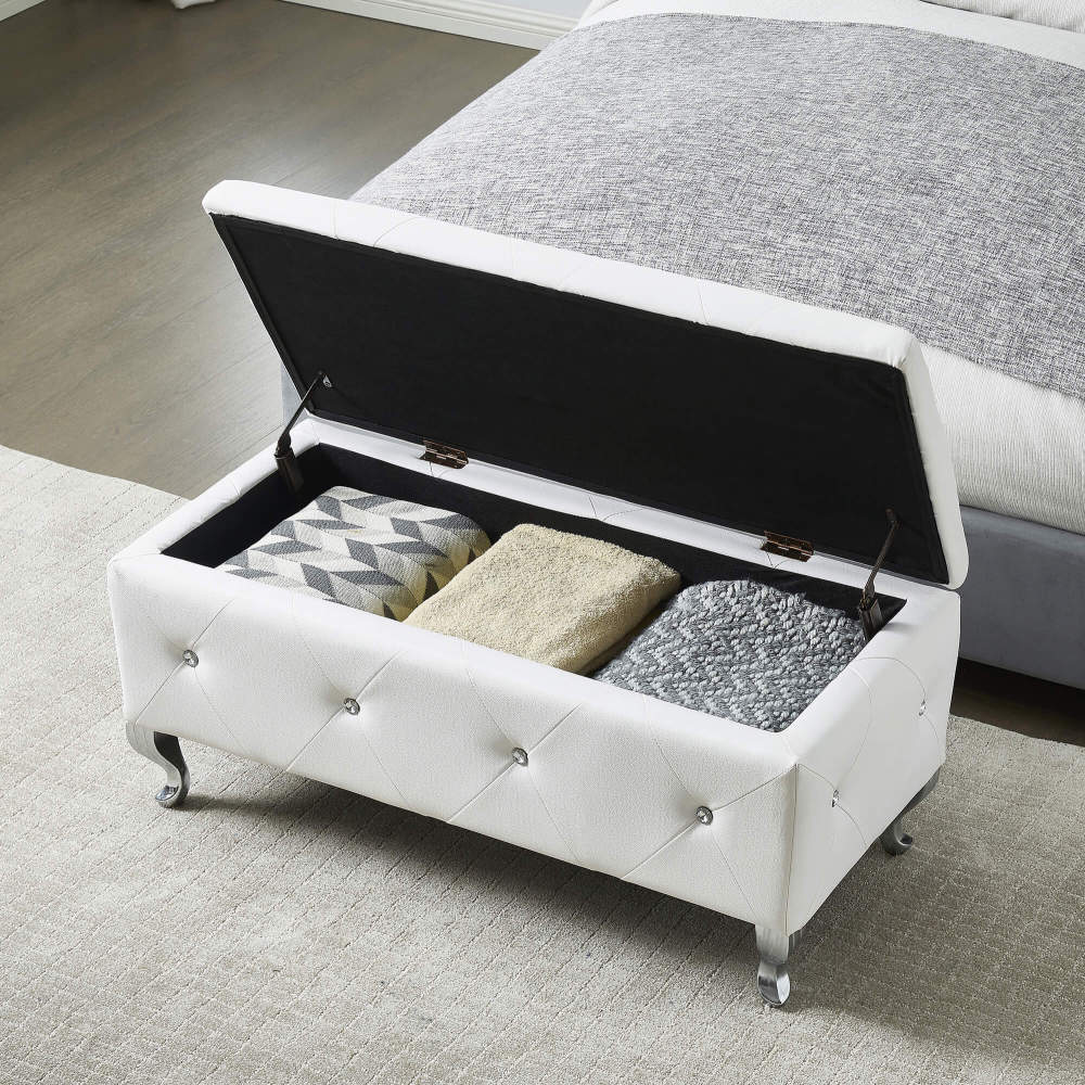 Upholstered Storage Ottoman Bench For Bedroom End Of Bed Faux Leather Rectangular Storage Benches Footrest With Crystal Buttons For Living Room Entryway (White)