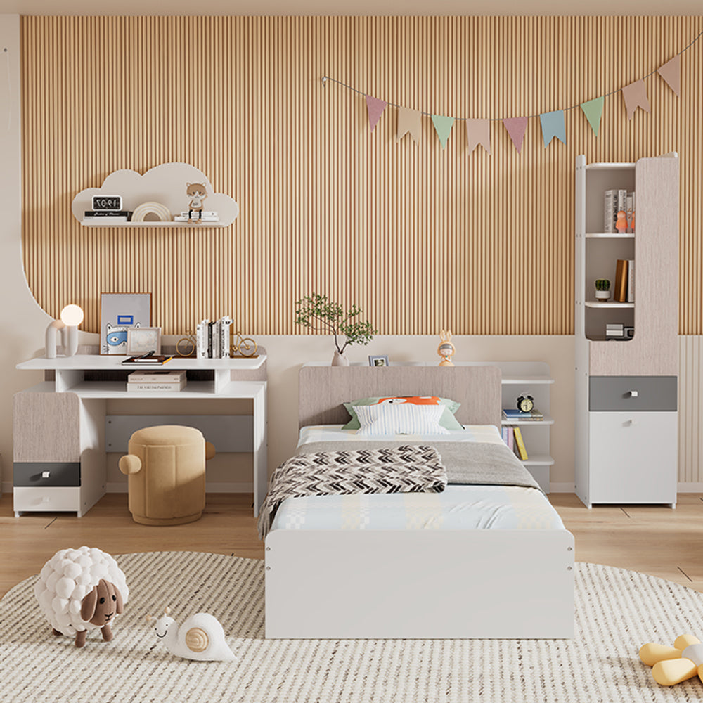 Schreibtisch, Studientisch, Tisch, Jugendzimmertisch mit drei Schubladen und einem Zwischengeschoss, Schubladen mit leisen Gleitern, MDF, Weiß + helle Ulmefarbe + Grau
