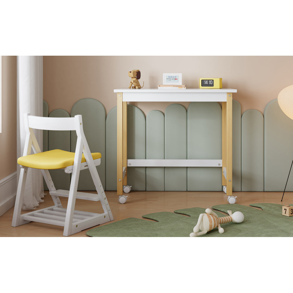 Tisch, Schreibtisch, Arbeitstisch, mit Richtungsrädern, Kiefer+MDF, Weiß+Natur