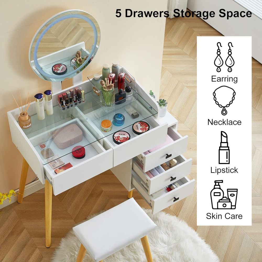 Dressing Table with LED Lights Glass Top Dressing Table with Extendable Side Table 5 Drawers Dressing Table with Mirror and Stool for Bedroom