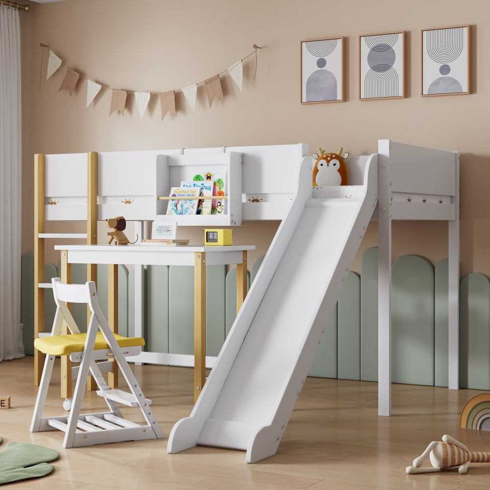 Tisch, Schreibtisch, Arbeitstisch, mit Richtungsrädern, Kiefer+MDF, Weiß+Natur