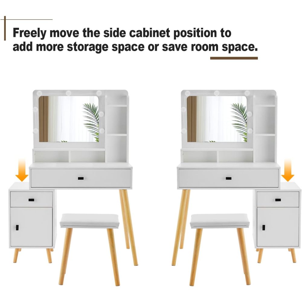 Dressing Table with Hollywood LED Mirror, Light Adjustable Brightness, Dressing Table, Padded Stool Set, White, Wooden Cosmetic Table with Drawer and Storage Cabinet