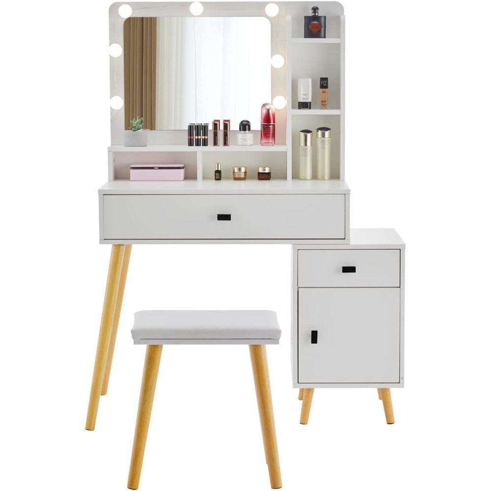 Dressing Table with Hollywood LED Mirror, Light Adjustable Brightness, Dressing Table, Padded Stool Set, White, Wooden Cosmetic Table with Drawer and Storage Cabinet