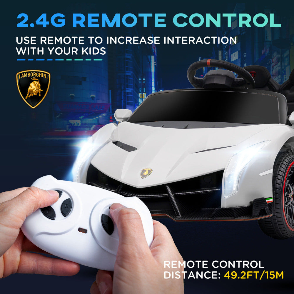 Aosom Lamborghini Veneno Licensed Kids Electric Car with Bluetooth, 12V Ride on Car with Butterfly Doors, Remote Control, Portable Battery, Suspension System, Horn, Songs, Lights, White