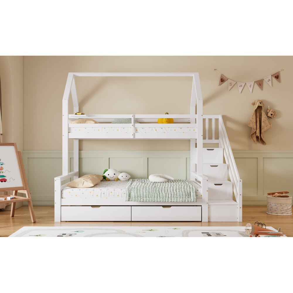 Etagenbett mit Leiter, Hausbett, Kinderbett, Drei-Schläfer, mit Schubladen und einem Regal, mit Fallschutzgitter, Kieferbettrahmen mit MDF-Stauraum-Leiterschrank, Weiß, 90x200cm & 140x200cm
