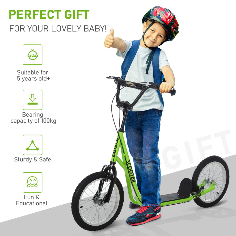Aosom Youth Scooter Kick Scooter for Kids 5+ with Adjustable Handlebar 16" Front and Rear Dual Brakes Inflatable Wheels, Light Green
