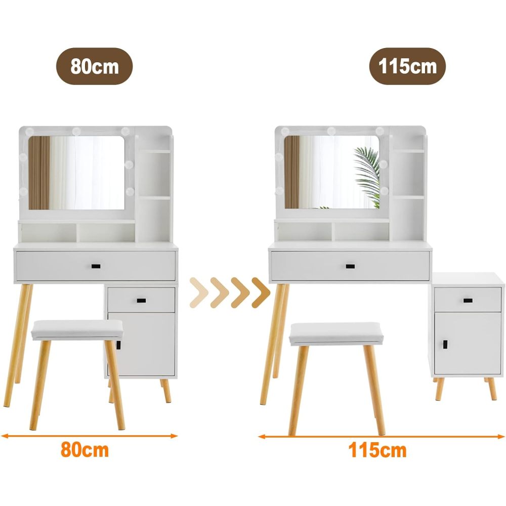 Dressing Table with Hollywood LED Mirror, Light Adjustable Brightness, Dressing Table, Padded Stool Set, White, Wooden Cosmetic Table with Drawer and Storage Cabinet
