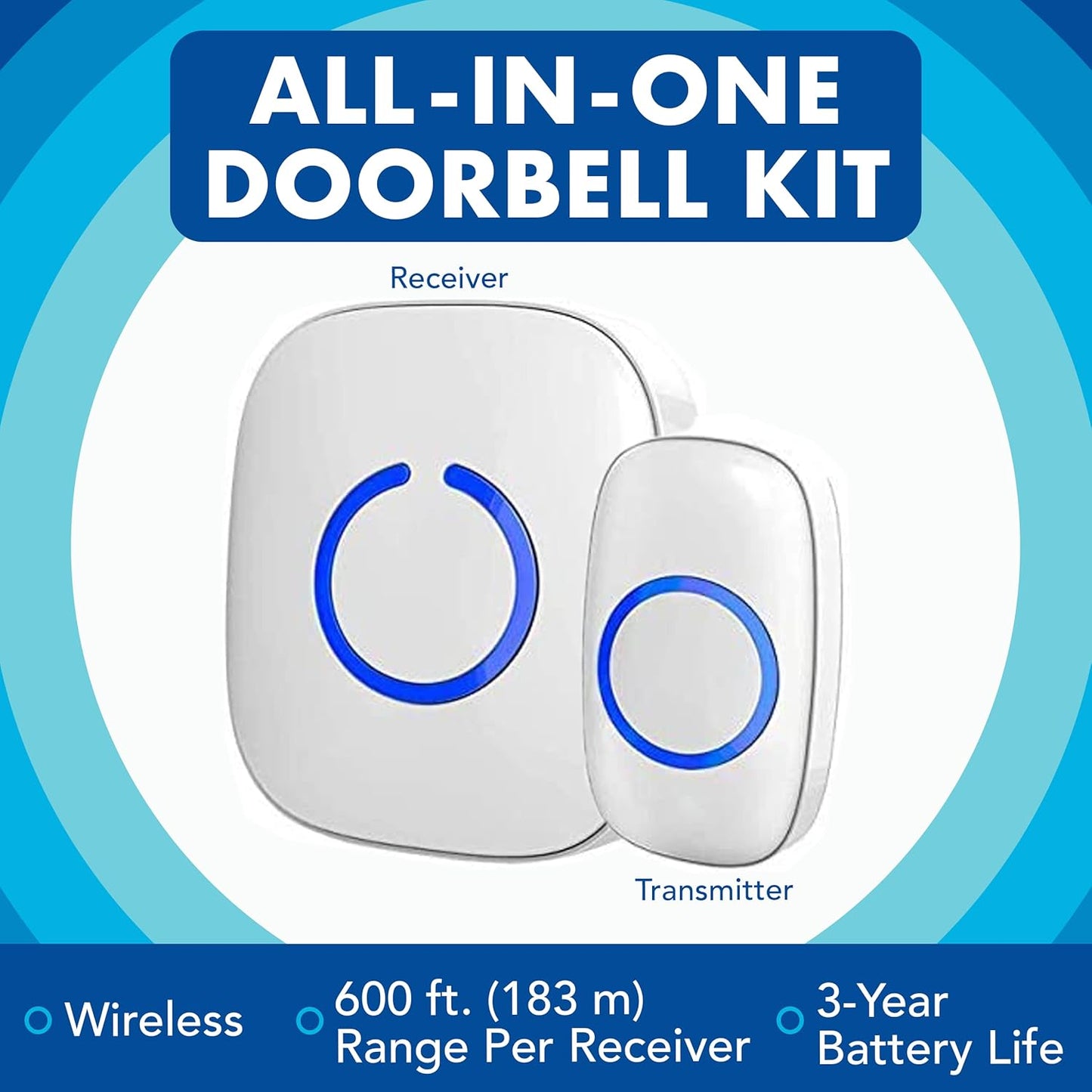 SadoTech Wireless Doorbells for Home, Apartments, Businesses, Classrooms, etc. - 1 Door Bell Ringer & 2 Plug-In Chime Receiver, Battery Operated, Easy-to-Use, Wireless Doorbell w/LED Flash, White