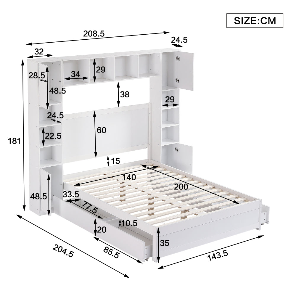 Doppelbett, hohes Bett mit zwei Anti-Kipp-Schnallen, Flaches Bett mit mehreren Stauräumen, Paneelbett mit 4 Schubladen, mit mittlerem Stützkiel, MDF+Mehrschichtplatte, Weiß, 140x200cm