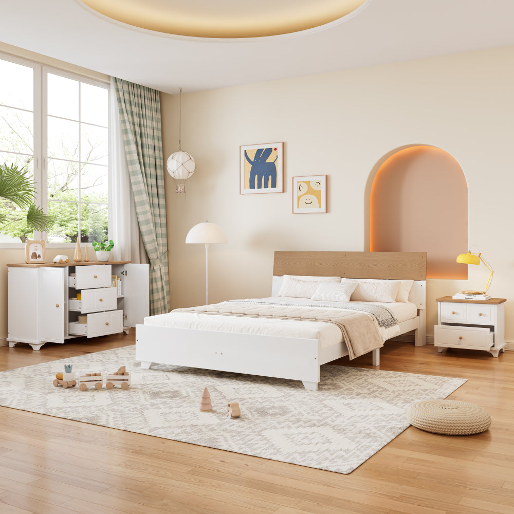 Doppelbett, Paneelbett, Erwachsenenbett, Kopfteil farblich abgesetzt, mit 15 Latten und Bettseite Mittelfuß, Kiefer+MDF+Mehrschichtplatte, Weiß+Natur, 160x200cm