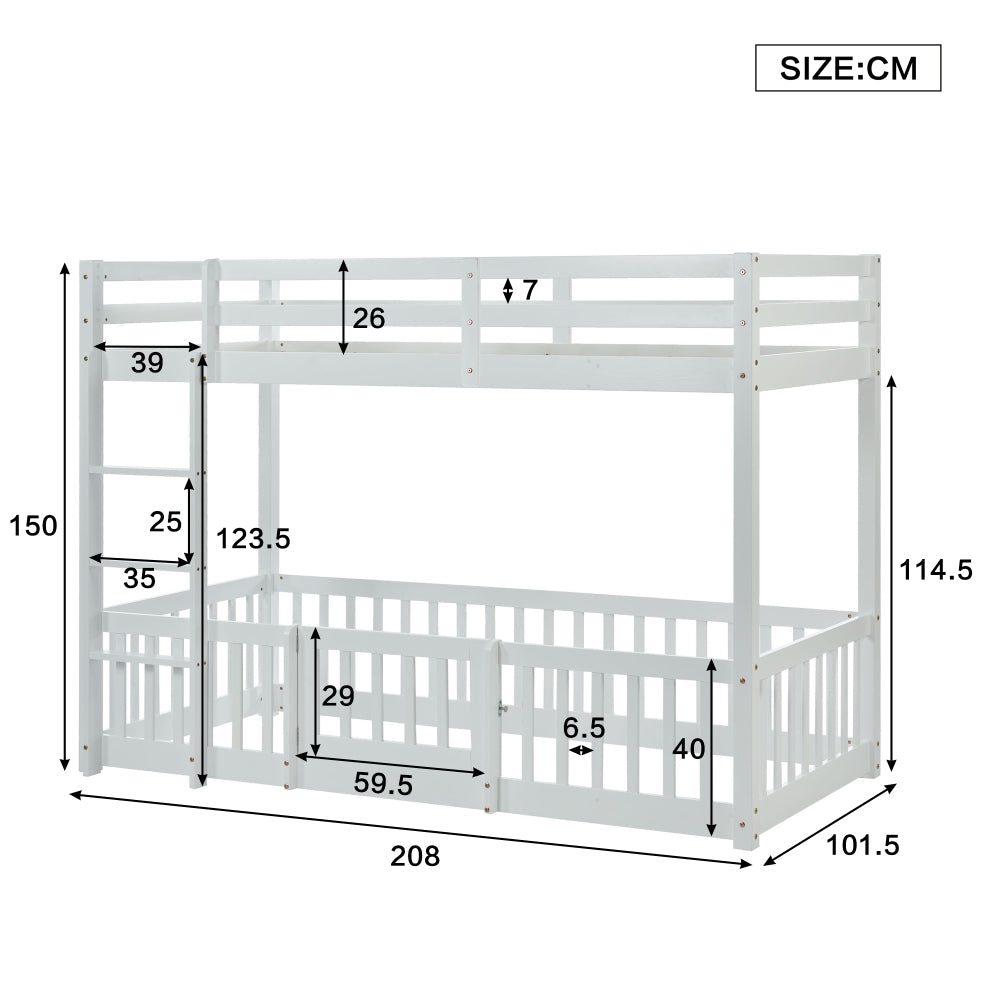 Etagenbett mit rechtwinkliger Treppe, Bett mit Zäune und Türchen, Kinderbett mit Fallschutz und Gitter, Massivholz, weiß (200x90cm)