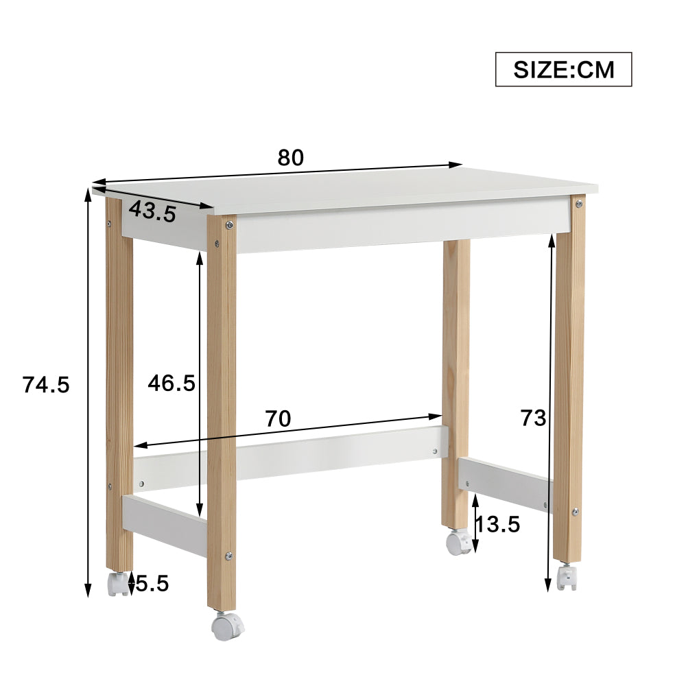 Tisch, Schreibtisch, Arbeitstisch, mit Richtungsrädern, Kiefer+MDF, Weiß+Natur