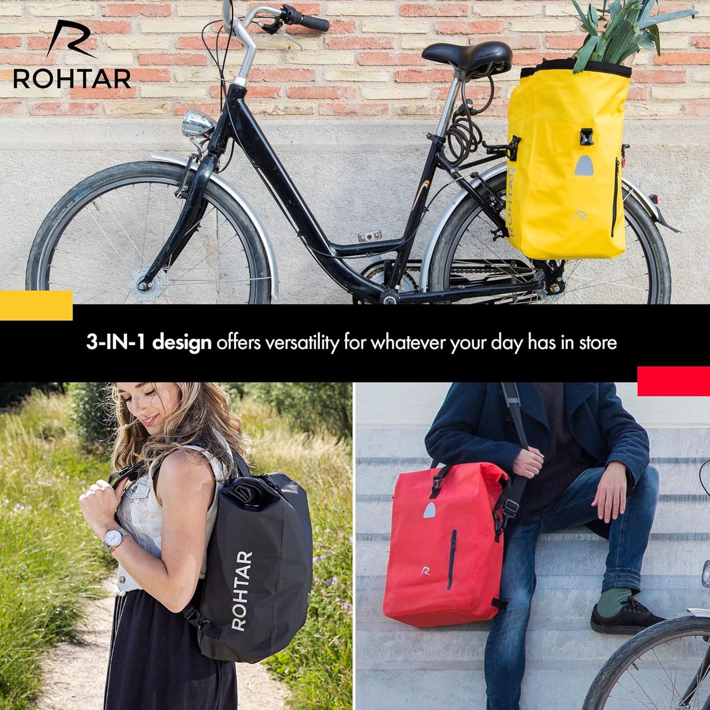 Backpack, 3-in-1 Bicycle Rear Pannier, Waterproof Shoulder Bag for Cyclists – Adjustable Straps and Luggage Carrier Clips