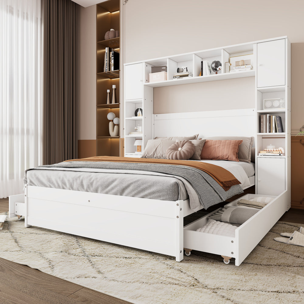 Doppelbett, hohes Bett mit zwei Anti-Kipp-Schnallen, Flaches Bett mit mehreren Stauräumen, Paneelbett mit 4 Schubladen, mit mittlerem Stützkiel, MDF+Mehrschichtplatte, Weiß, 140x200cm