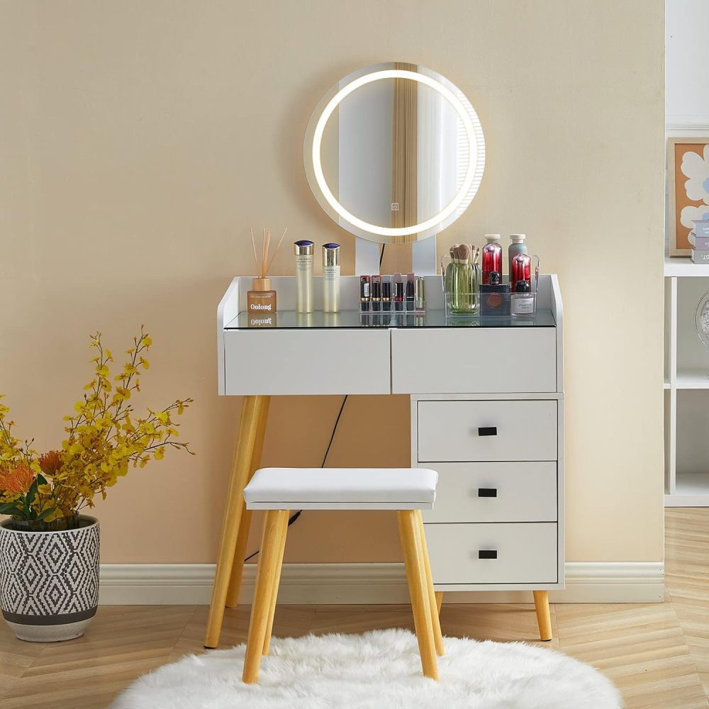 Dressing Table with LED Lights Glass Top Dressing Table with Extendable Side Table 5 Drawers Dressing Table with Mirror and Stool for Bedroom
