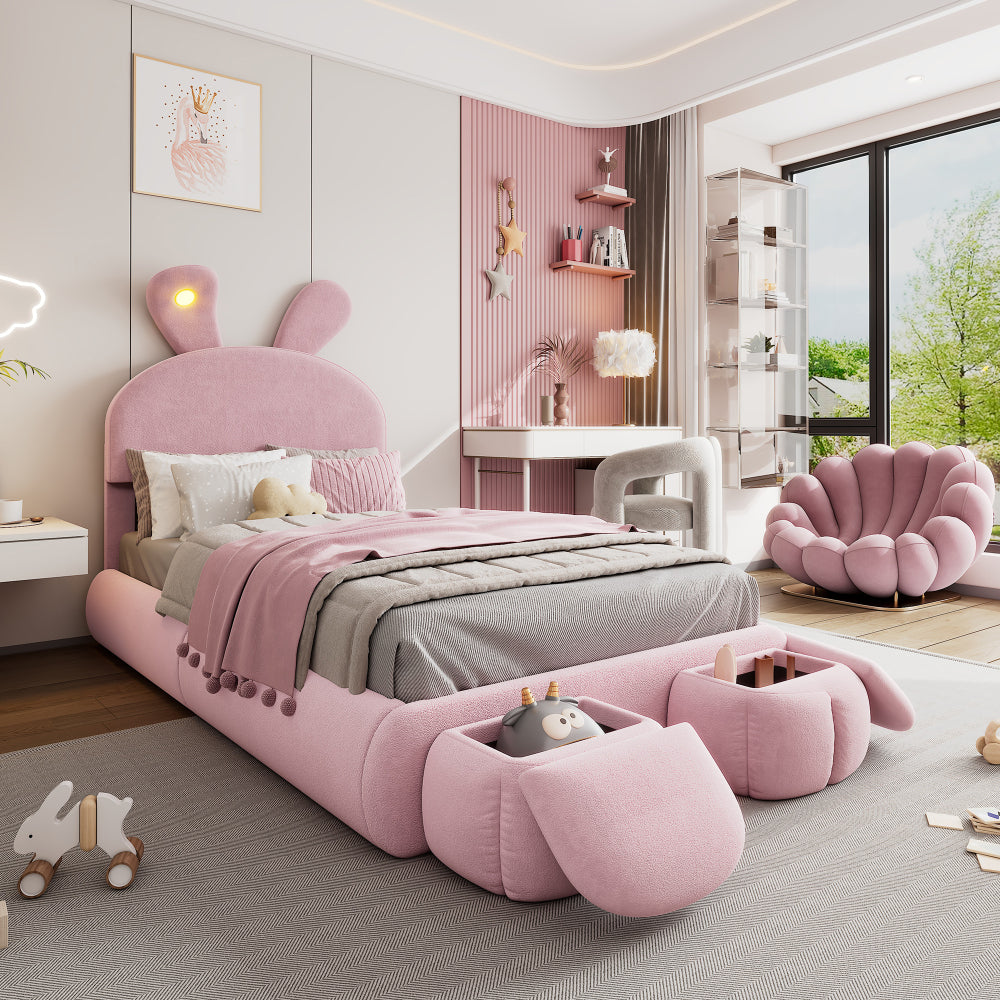 Polsterbett, Einzelbett, Hasenohren mit einstellbarer Helligkeit warmfarbenen Lichtstreifen, mit zwei Aufbewahrungshockern, Kinderbett mit Holzlatten, Samt, Rosa, 90x200cm
