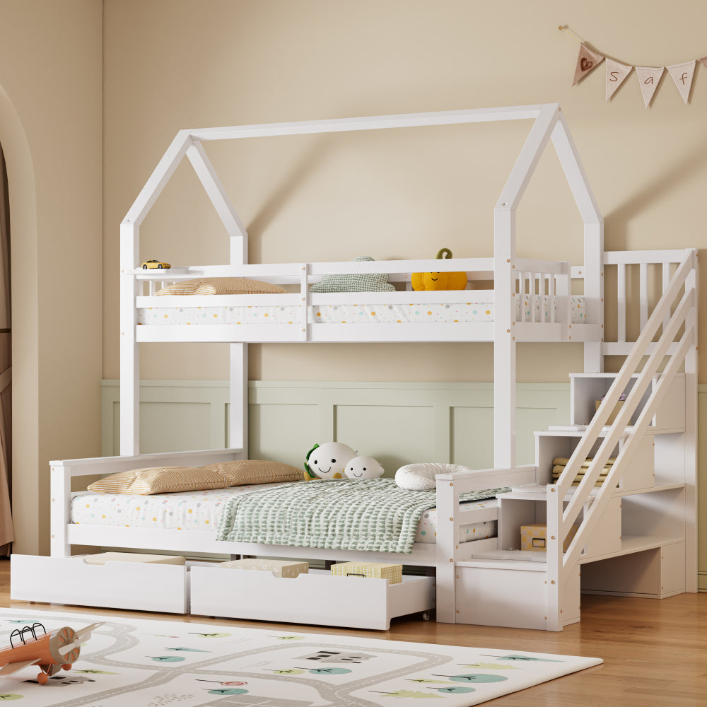 Etagenbett mit Leiter, Hausbett, Kinderbett, Drei-Schläfer, mit Schubladen und einem Regal, mit Fallschutzgitter, Kieferbettrahmen mit MDF-Stauraum-Leiterschrank, Weiß, 90x200cm & 140x200cm