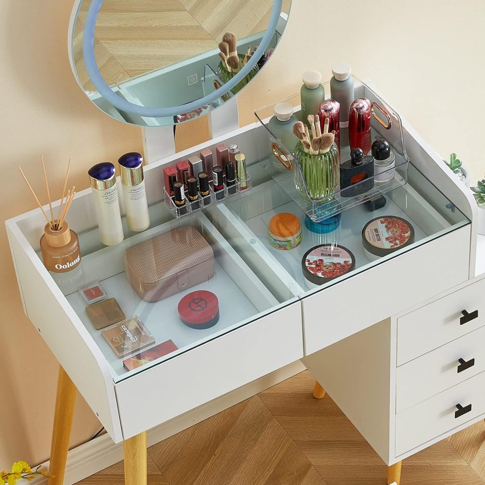 Dressing Table with LED Lights Glass Top Dressing Table with Extendable Side Table 5 Drawers Dressing Table with Mirror and Stool for Bedroom