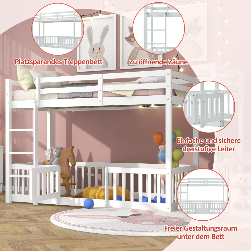 Etagenbett mit rechtwinkliger Treppe, Bett mit Zäune und Türchen, Kinderbett mit Fallschutz und Gitter, Massivholz, weiß (200x90cm)