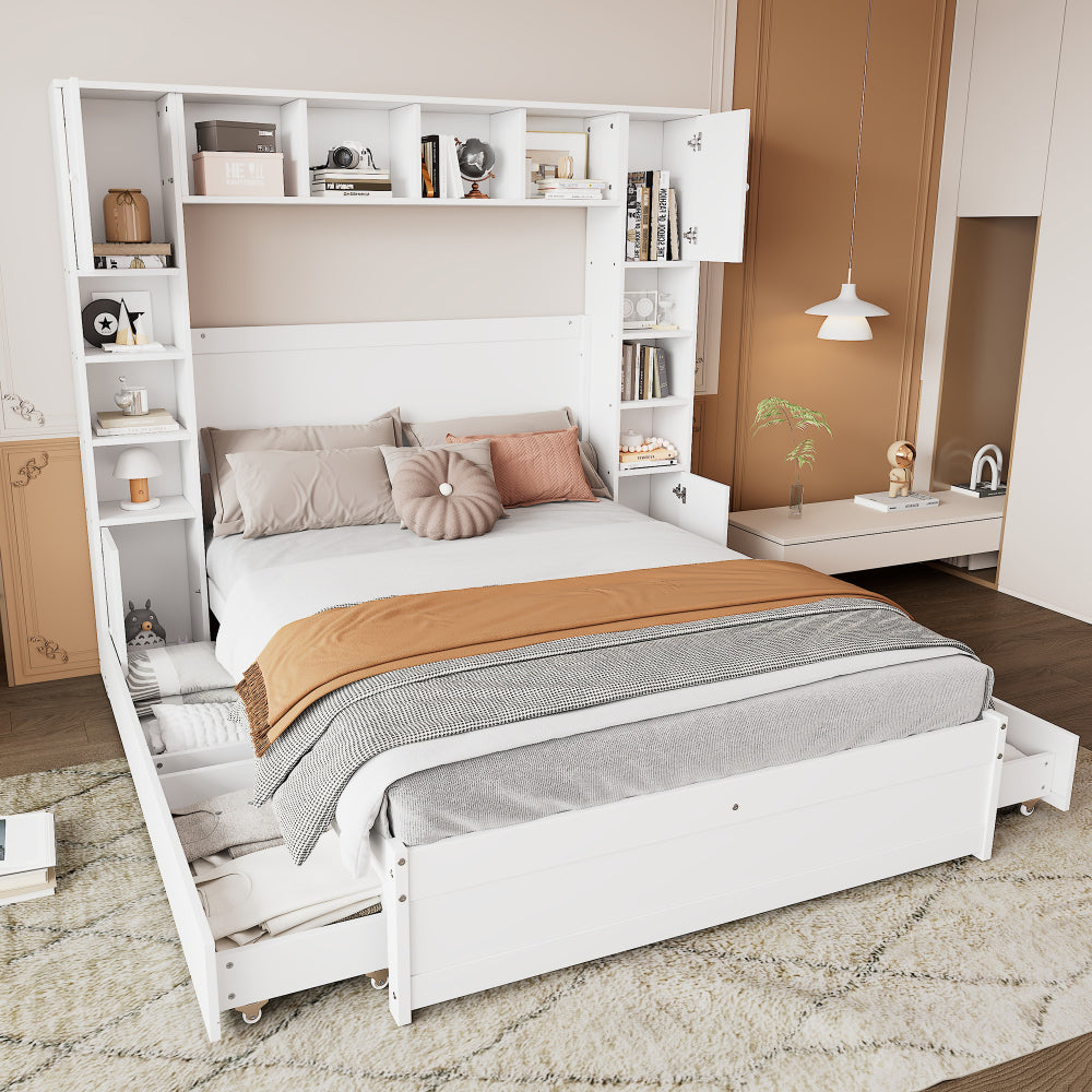 Doppelbett, hohes Bett mit zwei Anti-Kipp-Schnallen, Flaches Bett mit mehreren Stauräumen, Paneelbett mit 4 Schubladen, mit mittlerem Stützkiel, MDF+Mehrschichtplatte, Weiß, 140x200cm