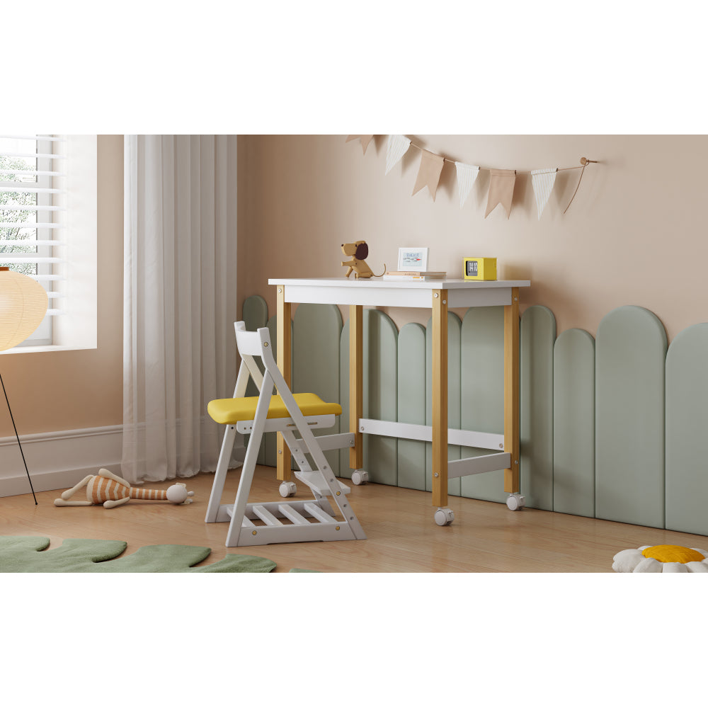 Tisch, Schreibtisch, Arbeitstisch, mit Richtungsrädern, Kiefer+MDF, Weiß+Natur