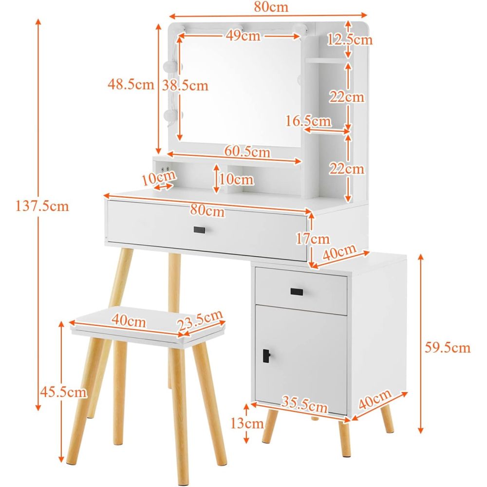 Dressing Table with Hollywood LED Mirror, Light Adjustable Brightness, Dressing Table, Padded Stool Set, White, Wooden Cosmetic Table with Drawer and Storage Cabinet