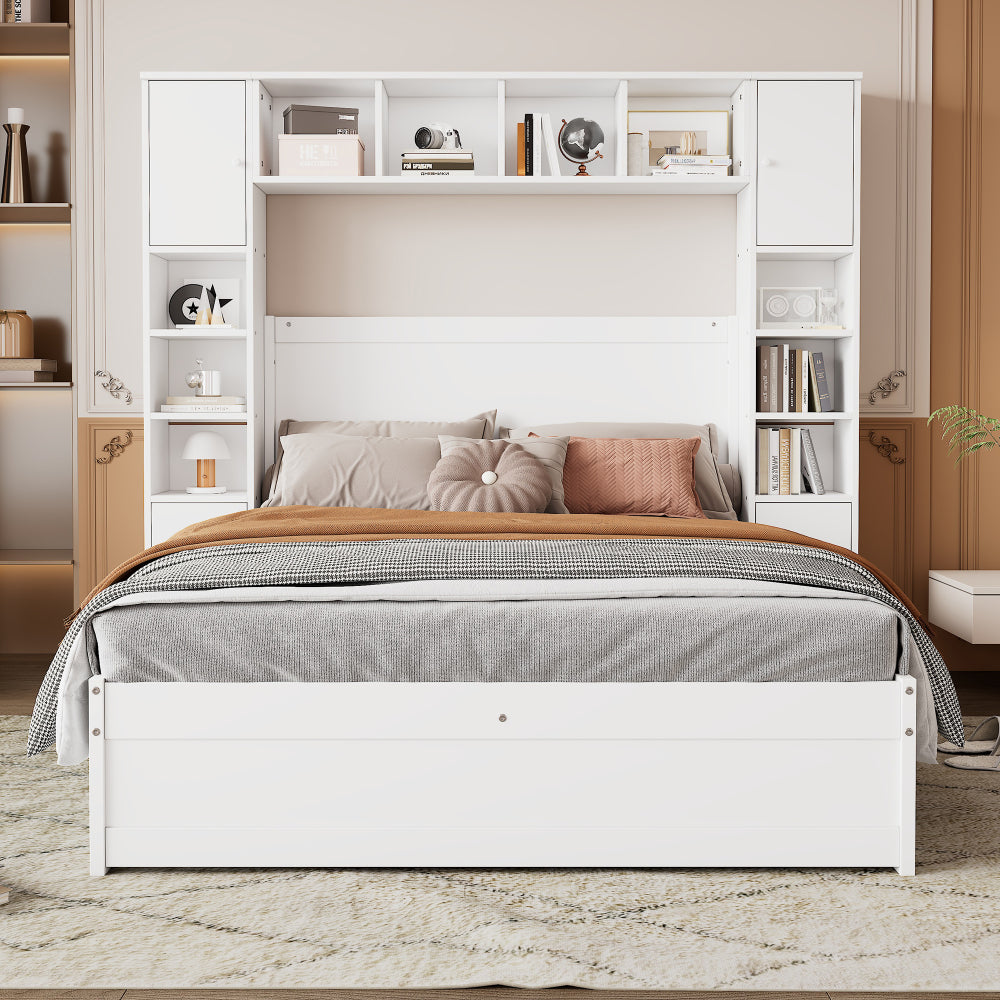 Doppelbett, hohes Bett mit zwei Anti-Kipp-Schnallen, Flaches Bett mit mehreren Stauräumen, Paneelbett mit 4 Schubladen, mit mittlerem Stützkiel, MDF+Mehrschichtplatte, Weiß, 140x200cm