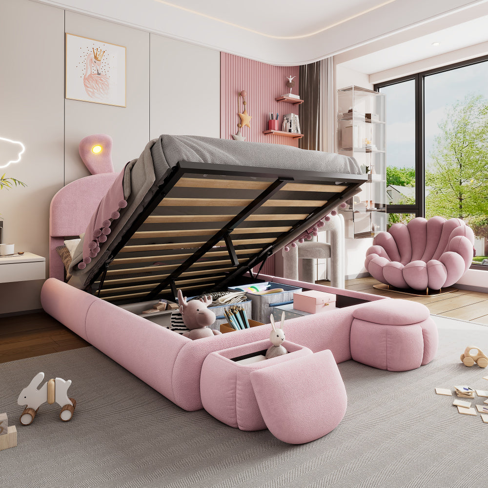 Polsterbett, Einzelbett, Hasenohren mit einstellbarer Helligkeit warmfarbenen Lichtstreifen, mit zwei Aufbewahrungshockern, Kinderbett mit Holzlatten, Samt, Rosa, 90x200cm