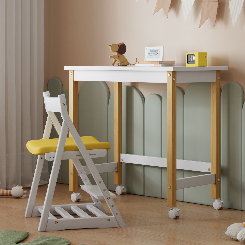 Tisch, Schreibtisch, Arbeitstisch, mit Richtungsrädern, Kiefer+MDF, Weiß+Natur
