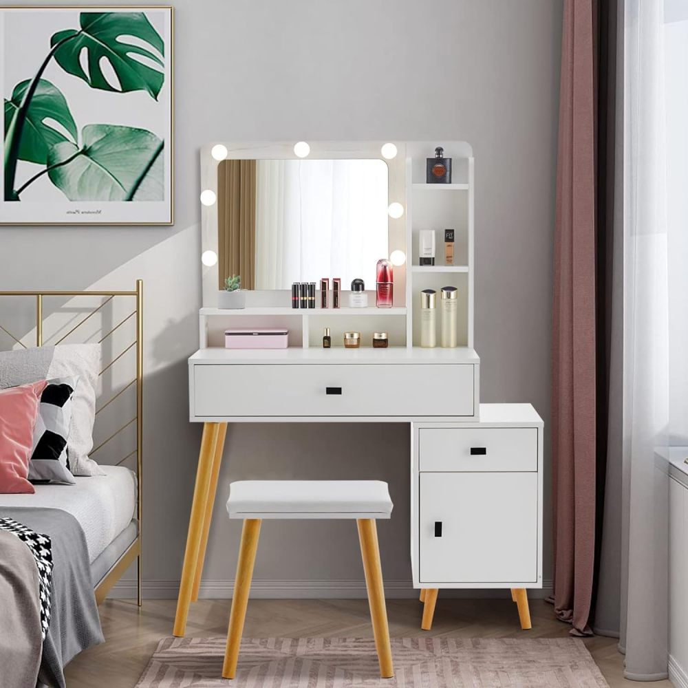 Dressing Table with Hollywood LED Mirror, Light Adjustable Brightness, Dressing Table, Padded Stool Set, White, Wooden Cosmetic Table with Drawer and Storage Cabinet