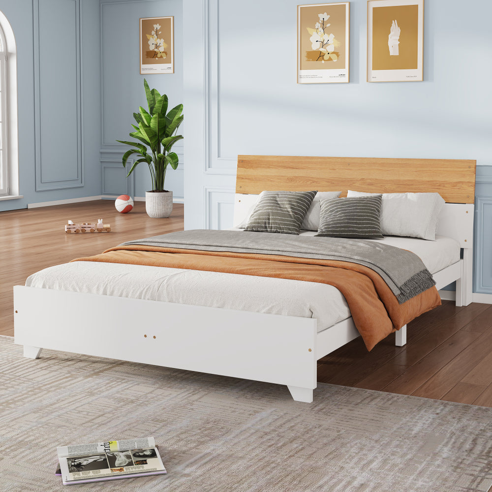 Doppelbett, Paneelbett, Erwachsenenbett, Kopfteil farblich abgesetzt, mit 15 Latten und Bettseite Mittelfuß, Kiefer+MDF+Mehrschichtplatte, Weiß+Natur, 160x200cm