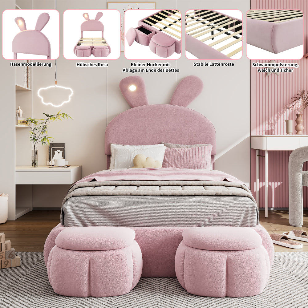 Polsterbett, Einzelbett, Hasenohren mit einstellbarer Helligkeit warmfarbenen Lichtstreifen, mit zwei Aufbewahrungshockern, Kinderbett mit Holzlatten, Samt, Rosa, 90x200cm