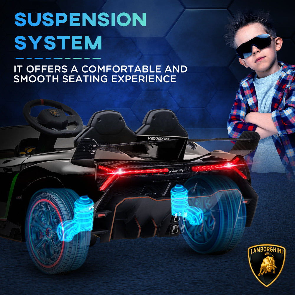 Aosom Lamborghini Veneno Licensed Kids Electric Car with Bluetooth, 12V Ride on Car with Butterfly Doors, Remote Control, Portable Battery, Suspension System, Horn, Songs, Lights, Black